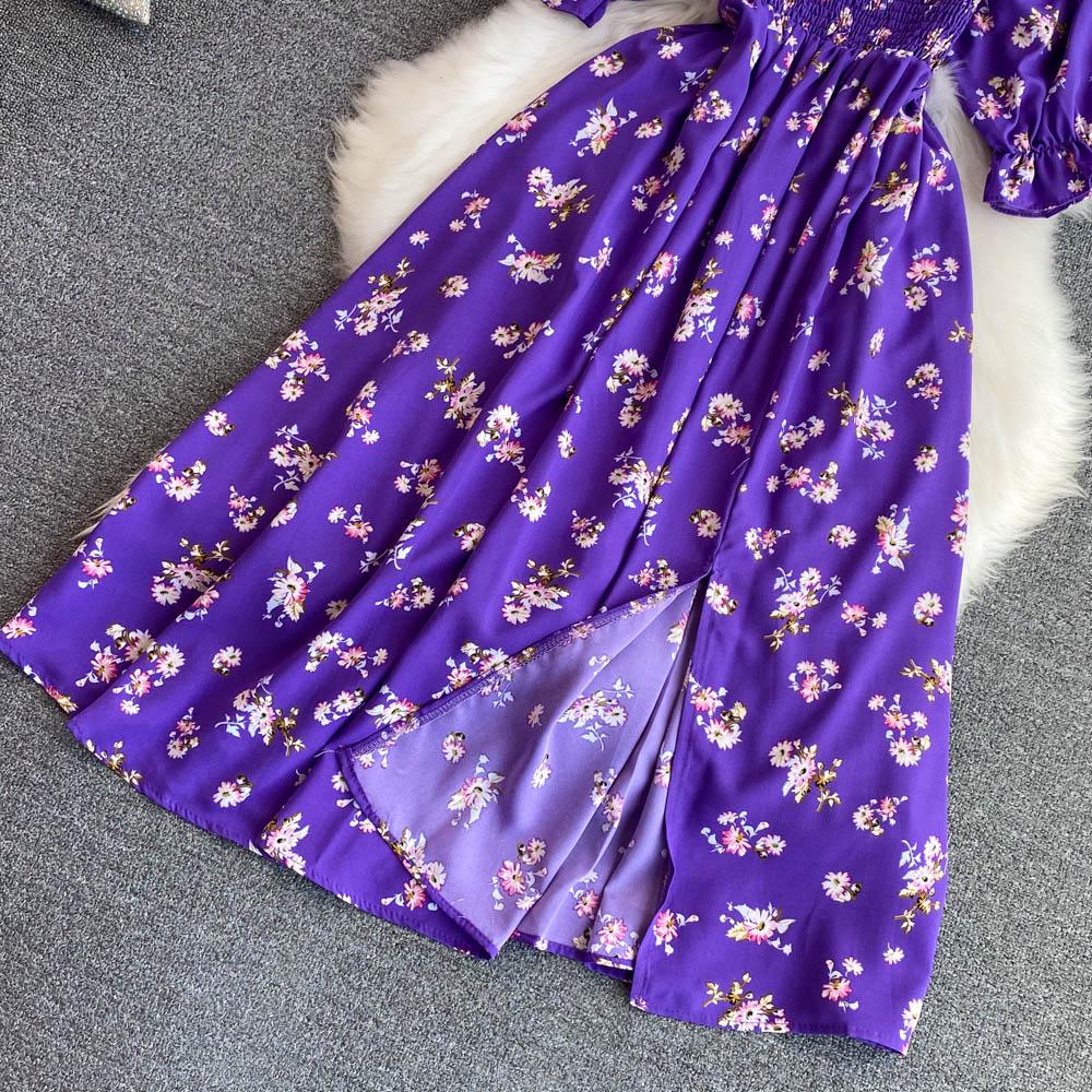 2022 Summer French Style Sweet Square Neck A-line Dress with Bubble Sleeves and Waist Slimming Slit