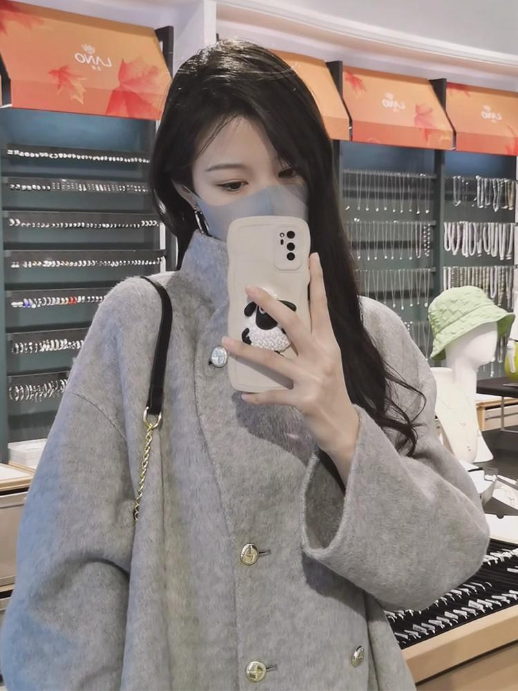 2024 Women's Thickened High-End Grey Wool Coat - Autumn/Winter Style