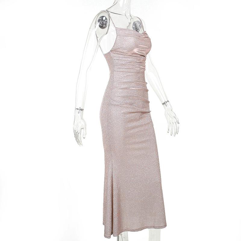 Dam Eleganta Långklänningar Vår Ny Enfärgad Slim Sexig Het Hjärtformad Halter Spagetti Glitter Balklänningar