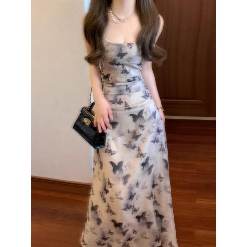 New Chinese Ink Butterfly Print Suspender Dress Summer Women's Vacation Style Slim Waist Hip Skirt Chiffon Dress