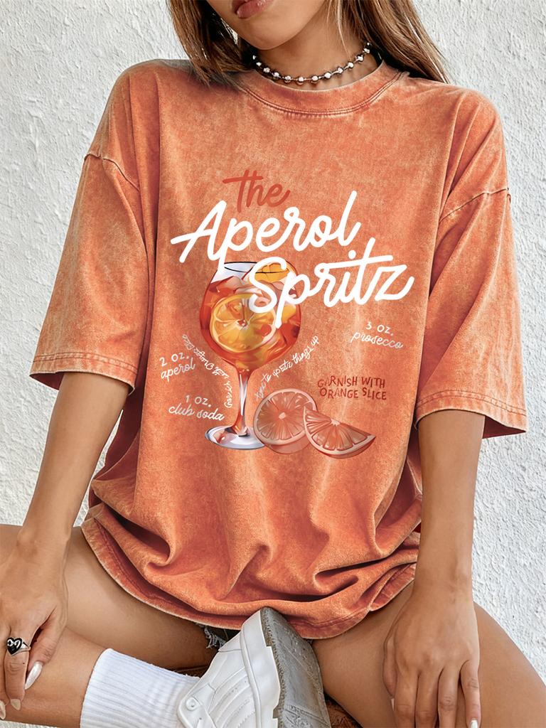 Aperol Spritz Lemon Prints Washed TShirts Womens Cotton Oversized T Shirt Summer Soft Short Sleeve Tops Hip Hop ONeck Clothes