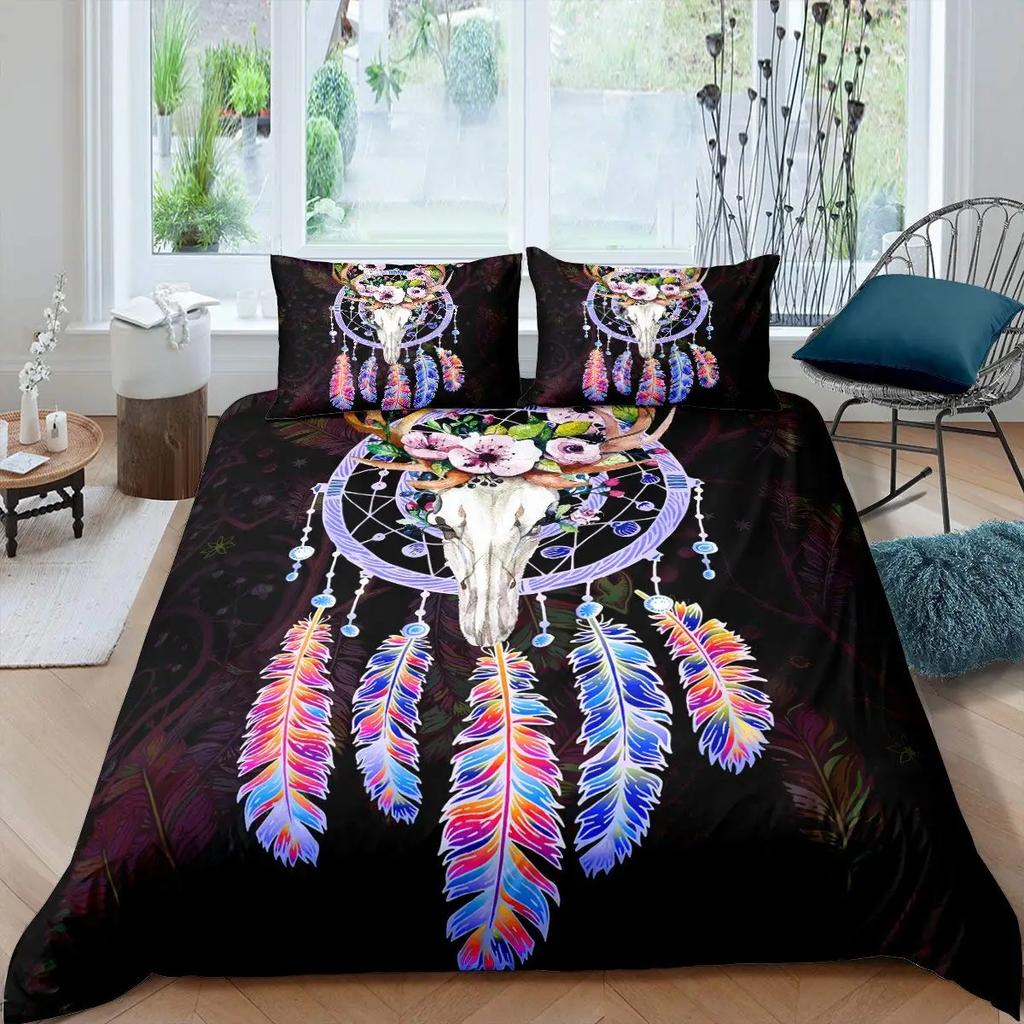 Cow Skull Duvet Cover Queen Sunflower Cattle/Bull Skeleton Bedding Set Botanical Floral Leaves Boho Tribal Polyester Quilt Cover