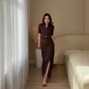  European and  women's clothing new stand-up collar short-sleeved slim-fit top high-waisted splicing mesh dress set