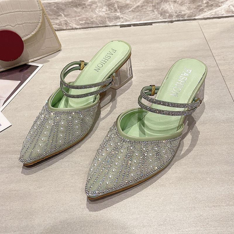 New Spring and Summer Fashion Rhinestone Pearl Pointed High Heels Cool Slippers Versatile Outer Thick Heel Half Drag Women's Shoes