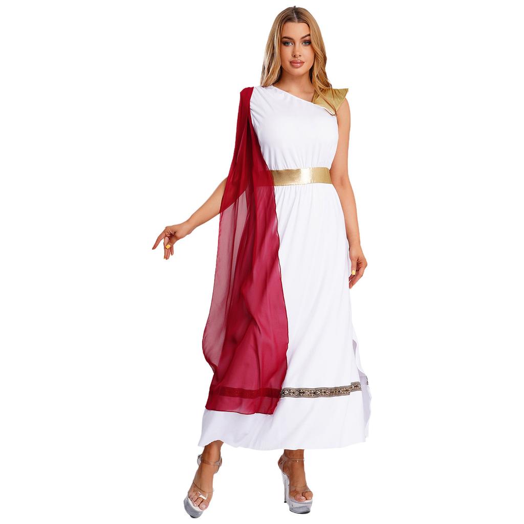 Womens Ancient Greek Costume Sleeveless High Waist Tunic Dress Golden Roman Empress Toga Halloween Party Dress
