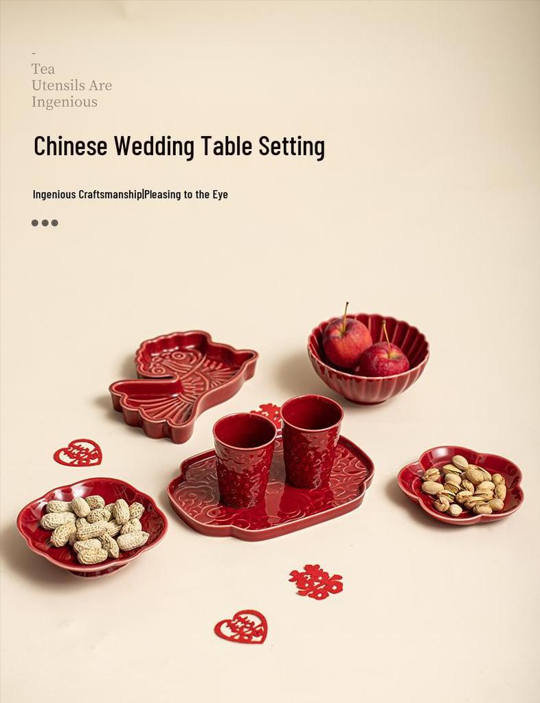 Red Ceramic Dessert Plate: Retro Chinese Pastry & Fruit Display Dish