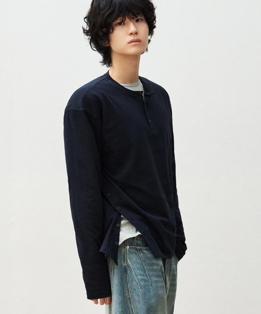 OURDAYZ Side Placket Henley Neck Long Sleeve [Navy]