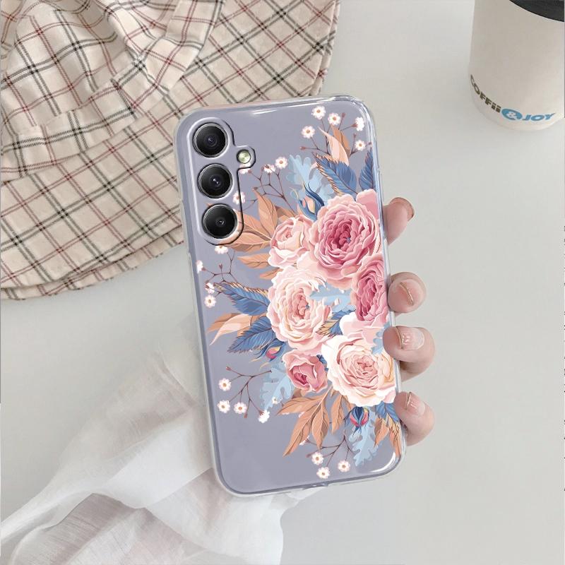 Fashion Flower Soft Clear Silicone Case For Xiaomi Redmi Note 13 14T 15 Samsung A55 A35 S24 FE iPhone Huawei Honor Camera Protective Shockproof Cover