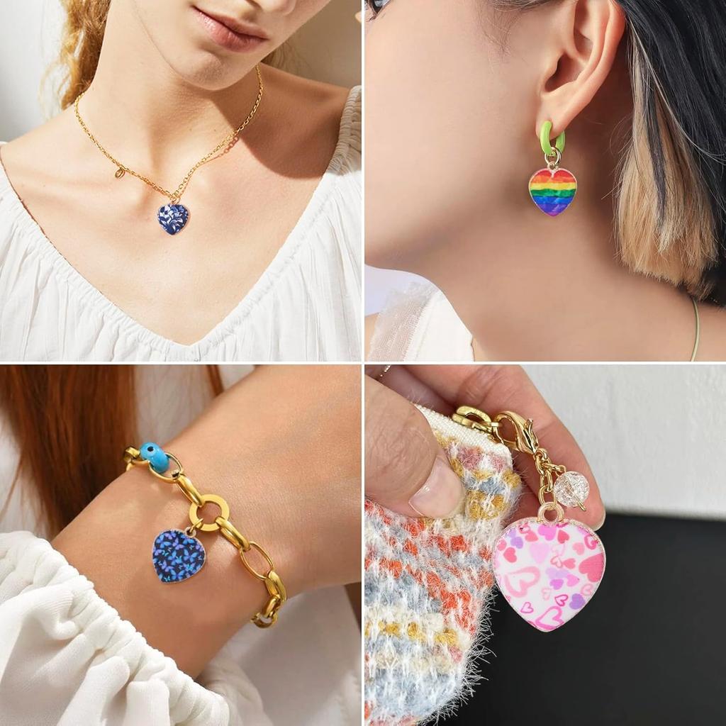 Craftdady 48 Stück Emaille Herz Anhänger Blume Regenbogen Streifen Leopard Muster Herz Metall Anhänger Bunte Legierung Valentinstag Herz Anhänger für