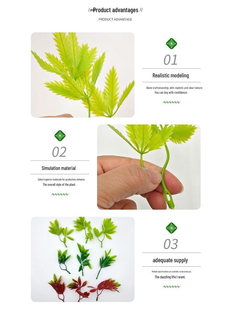 Bifurcate Maple Leaf Aquatic Plant Plastic Decor: Green Simulation Grass, Flower, and Leaves for Cake and Hotel Decoration.