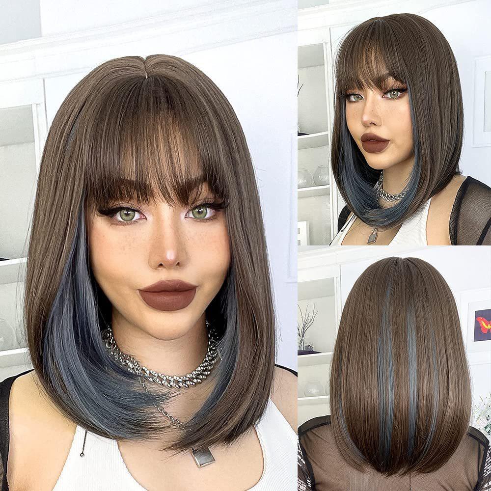 Wig European American Women's Fashionable Synthetic Head Cover Purple Gradient Color Bangs Short Straight Hair Wavy Inner Buckle