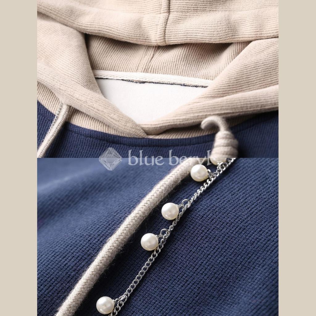 Blue Beryl Lace Long Fleece Loose [Limited Stock] Women's Hoodie, Pullover, Hem, Sleeves, Lining, Fit, Blue, BB028-BL-S