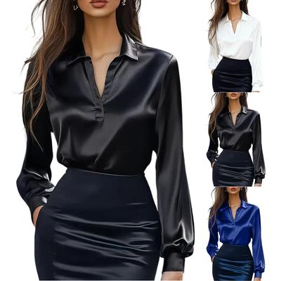 Haut chemise décontracté et polyvalent à manches longues et col à revers pour femme