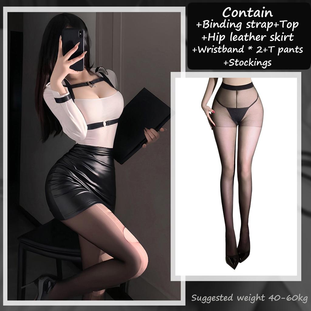 Sexy Secretary Office Lady OL Teacher Uniform Sheer Mesh Shirt Skirt Strap Outfit Cosplay Costume Temptation Exotic Mini Dress
