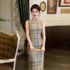 Light Bean Green Plaid Sleeveless Cheongsam 1011 New New Chinese Style Gentle Intellectual Retro Elegant Temperament Dress Women