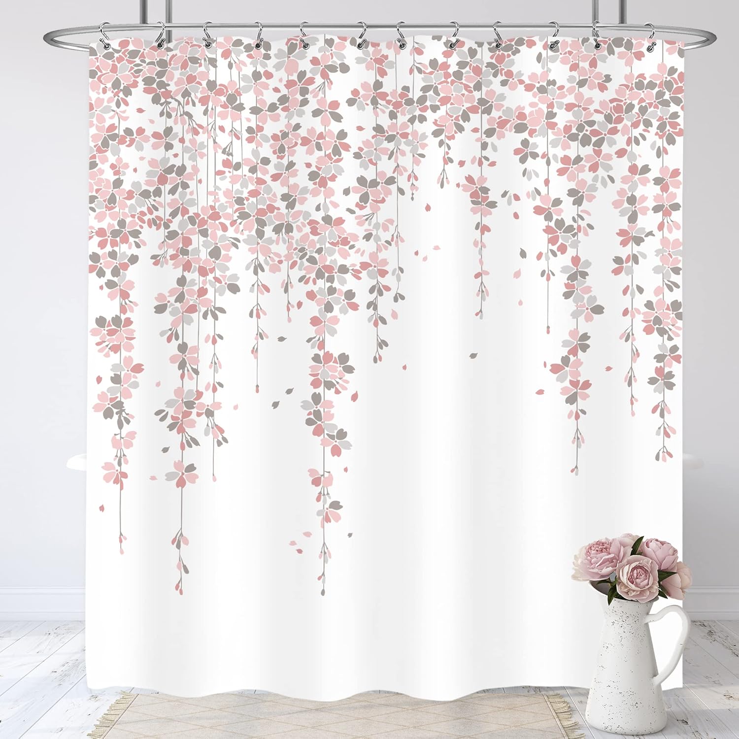 

Black Cherry Blossom Shower Curtain Sakura Pink Floral Blooming Flower Spring Japanese Asian Aesthetic Fabric Waterproof W60H190(CM)-1 Pcs
