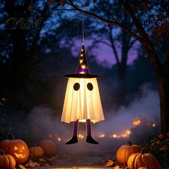 Mysterious Glow Yard Decor Halloween Hanging Ghost Decoration with Witch Hat And Leg, LED Lighted Spooky Indoor Party Ornaments Floating for