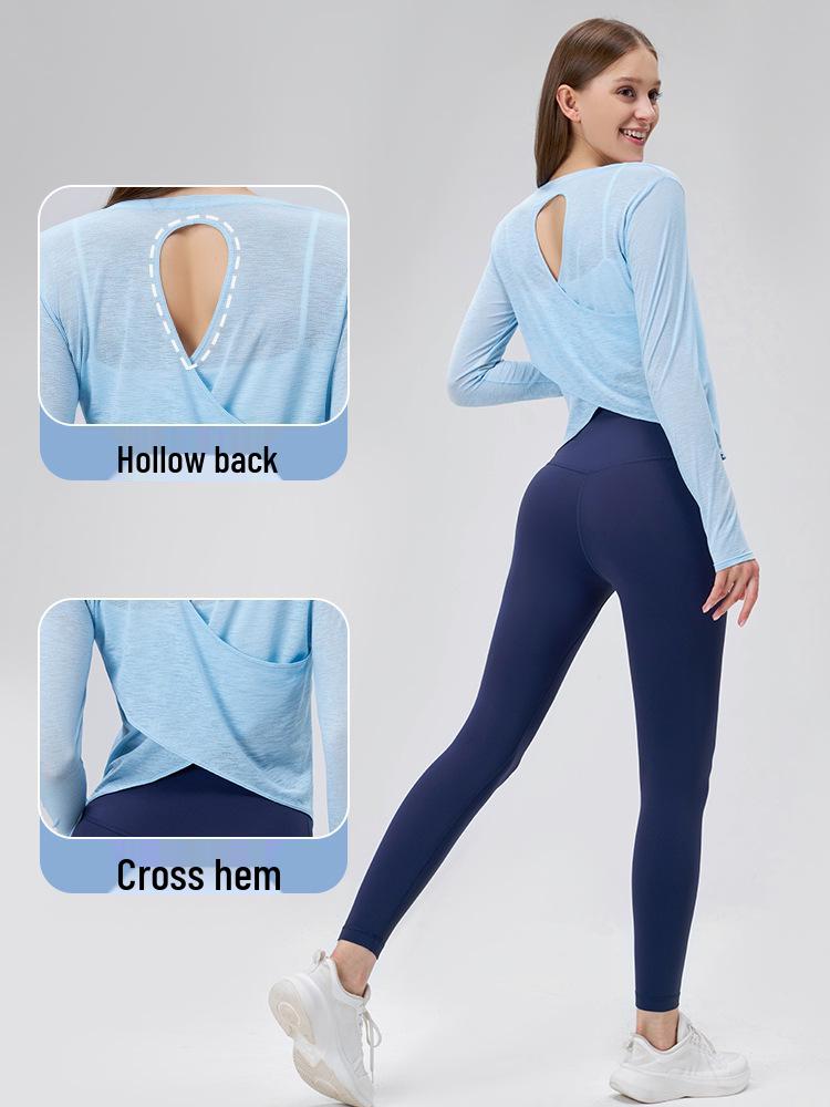 Bamboo Slub Loose Long Sleeve Yoga Top - Breathable, Hollow-Out Back, Slimming Cover-Up for Women