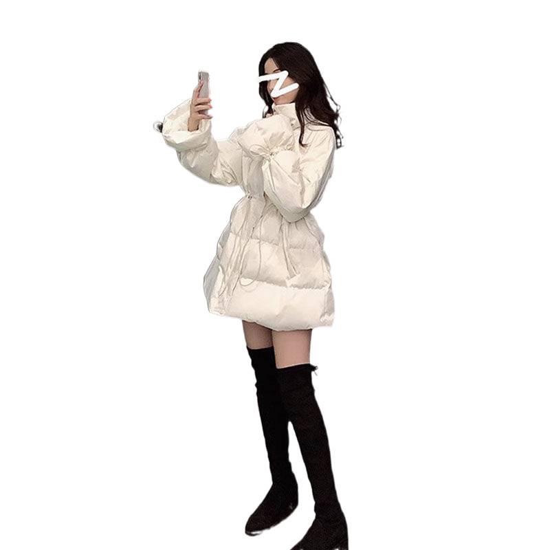 2024 Women's Mid-Length Down Cotton Coat - Hong Kong Style, High-End Niche, Drawstring Waist Winter Jacket
