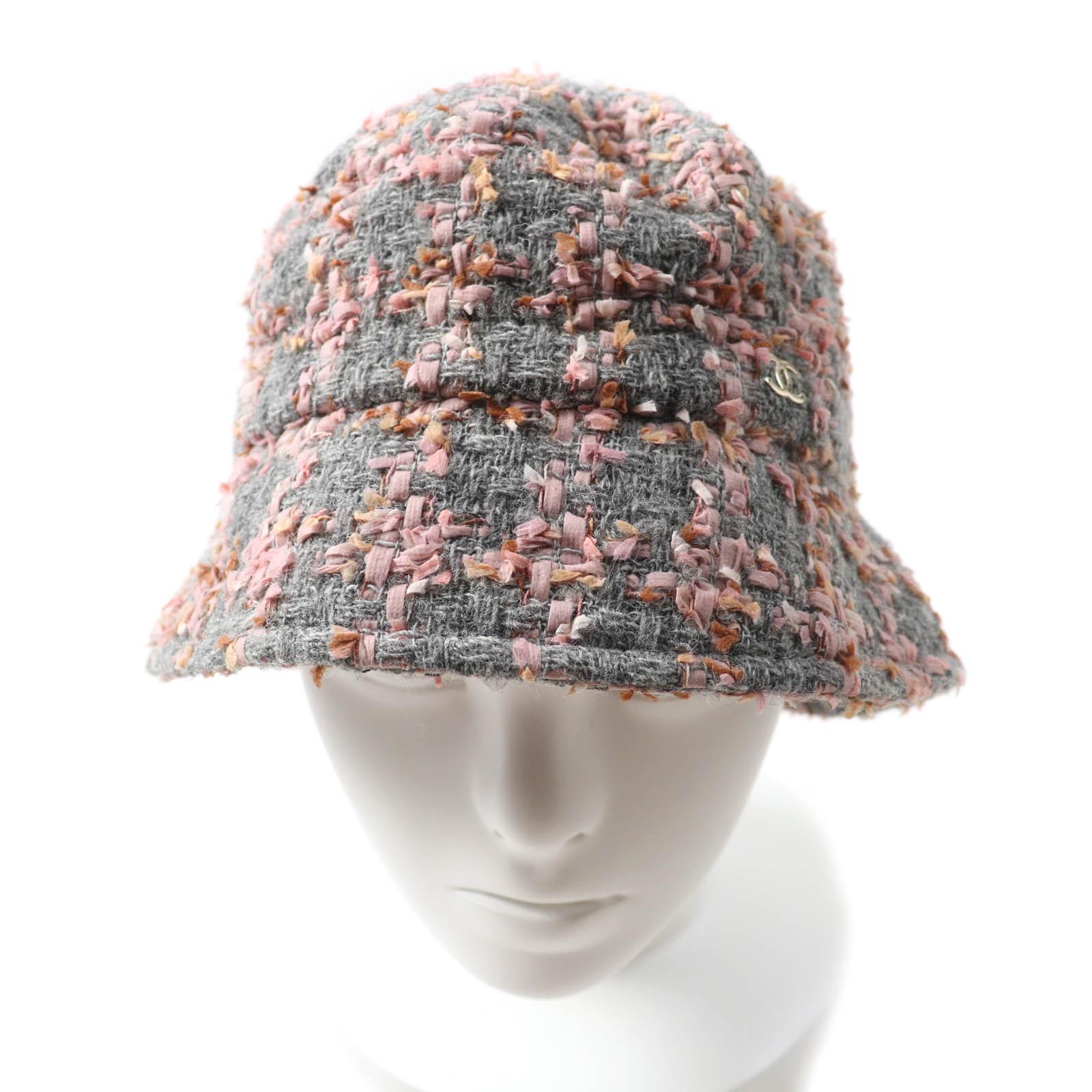 

Excellent CHANEL hat COCO MarkMetal Ribbon Tweed Bucket Gray pink wool Women M Used