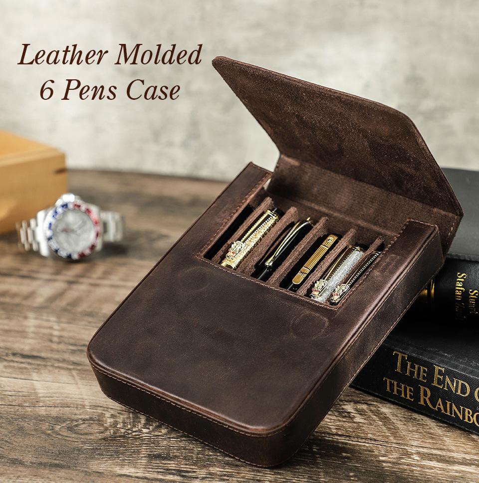 Crazy Horse Leather Handmade 6-Pen Magnetic Drawer-Style Fountain Pen Case