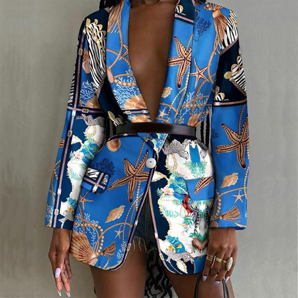 Women Fashion Long Sleeve Print Color Coat Open Front  Suit Jacket