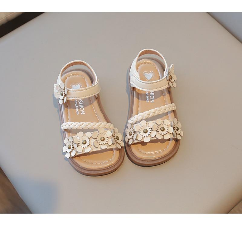 New Summer Woven Girls Sandals, Floral Princess Shoes, Soft Sole Beach Sandals for School-age Girls