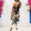 Women Plus Size V Neck Short Sleeve Raven Floral Printed Straight Long Dress