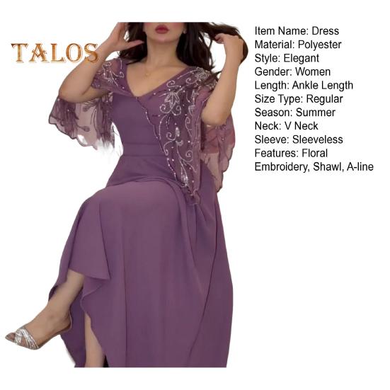 Abendkleid für Damen, A-Linie, Blumenstickerei, Schal, einfarbig, großer Saum, ärmellos, eleganter Stil, Abschlussball, Party, Maxikleid, Ballkleid