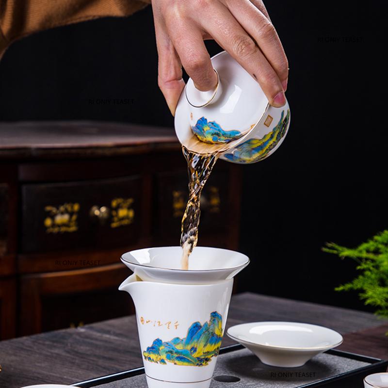 11 Pcs/set Chinese Ceramics Tea Set Handmade Suet Jade White Porcelain Teapot Bamboo Leaf Gaiwan Kettle Teacup Household Teaware