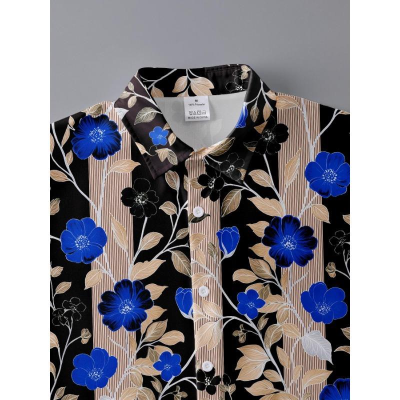 Men's Floral Print Long Sleeve Shirt Fashion Casual Slim Fit Trendy Blue Flower Pattern Dress Shirt for Party Daily Wear