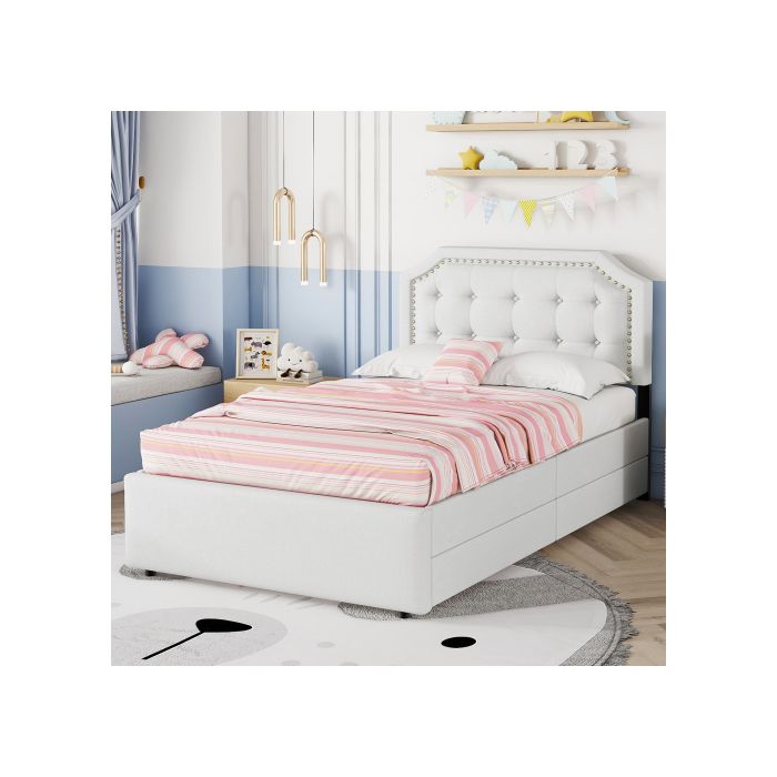 Lit - MUVOE - 90x200 cm - Beige clair - Rembourré avec tiroirs - Design élégant