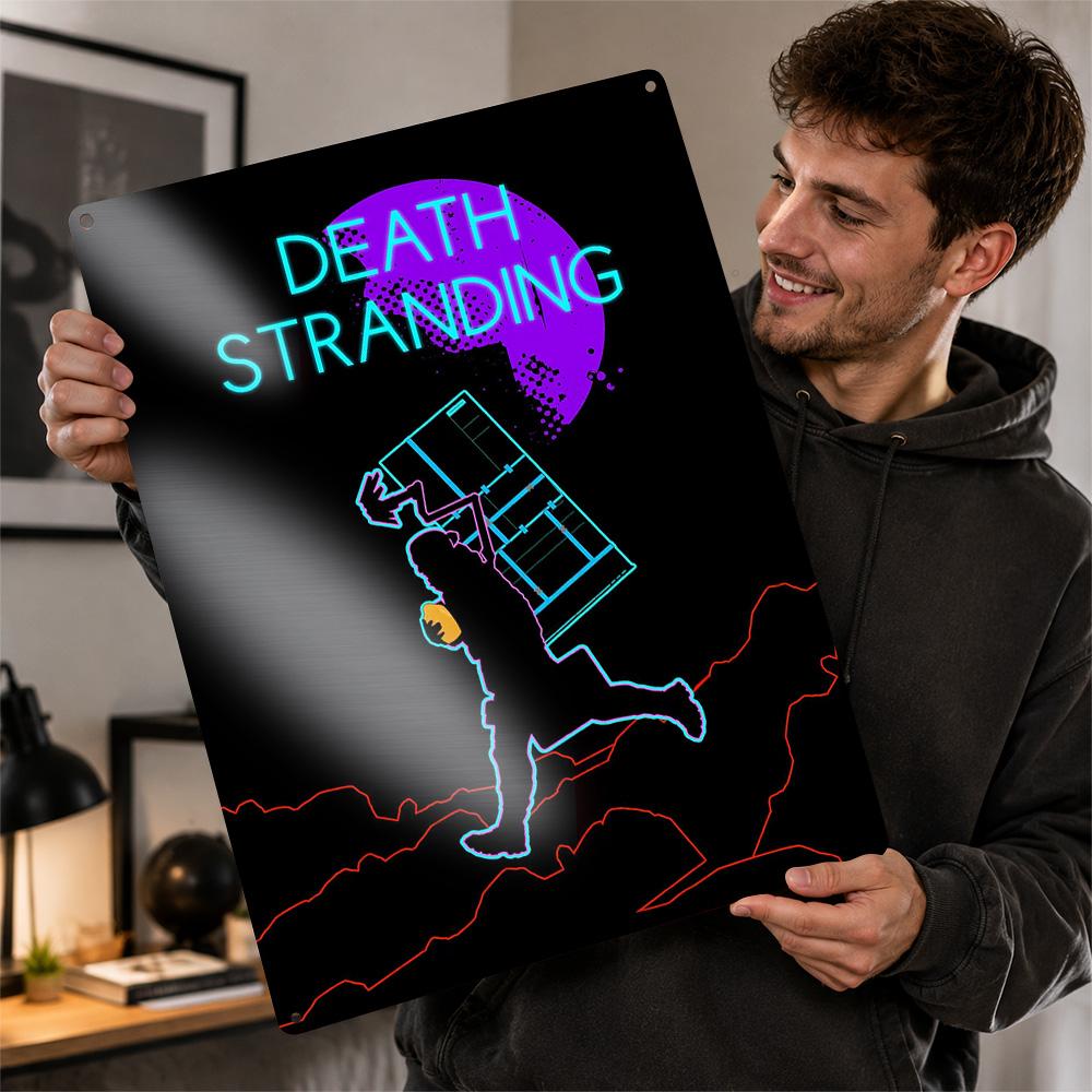 Death Stranding Neon Art Poster Retro D Printed Metal Signs Customized Wall Hanging Gift for Garage Accessories Vintage Decor