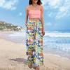 Women Summer Boho Palazzo Pants High Waist Wide Leg Printing Casual Trousers With Pockets