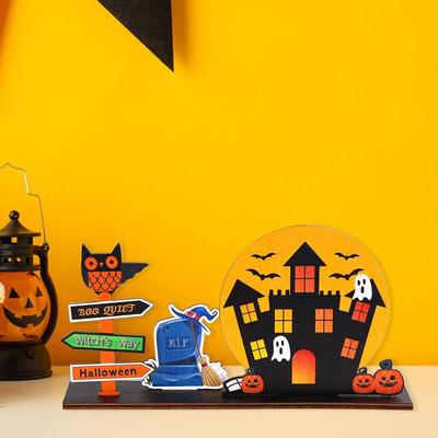 3D Halloween Holzornamente Niedlicher Cartoon Geist Schloss Schreibtischornament Handarbeit Halloween Dekoration Ständer Wohnzimmer
