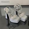 15CM Silver Platform Sandals Crystal Ankle Straps Square Toe Fashion Ladies Dress Shoes Chunky High Heel Women's Sandals Size 34