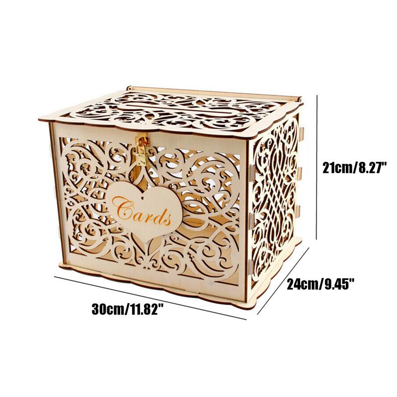 DIY Wedding Card Box Wooden Couple Money Boxes with Lock Hollow Floral Pattern Wedding Decor Gift Envelope Birthday Supplies