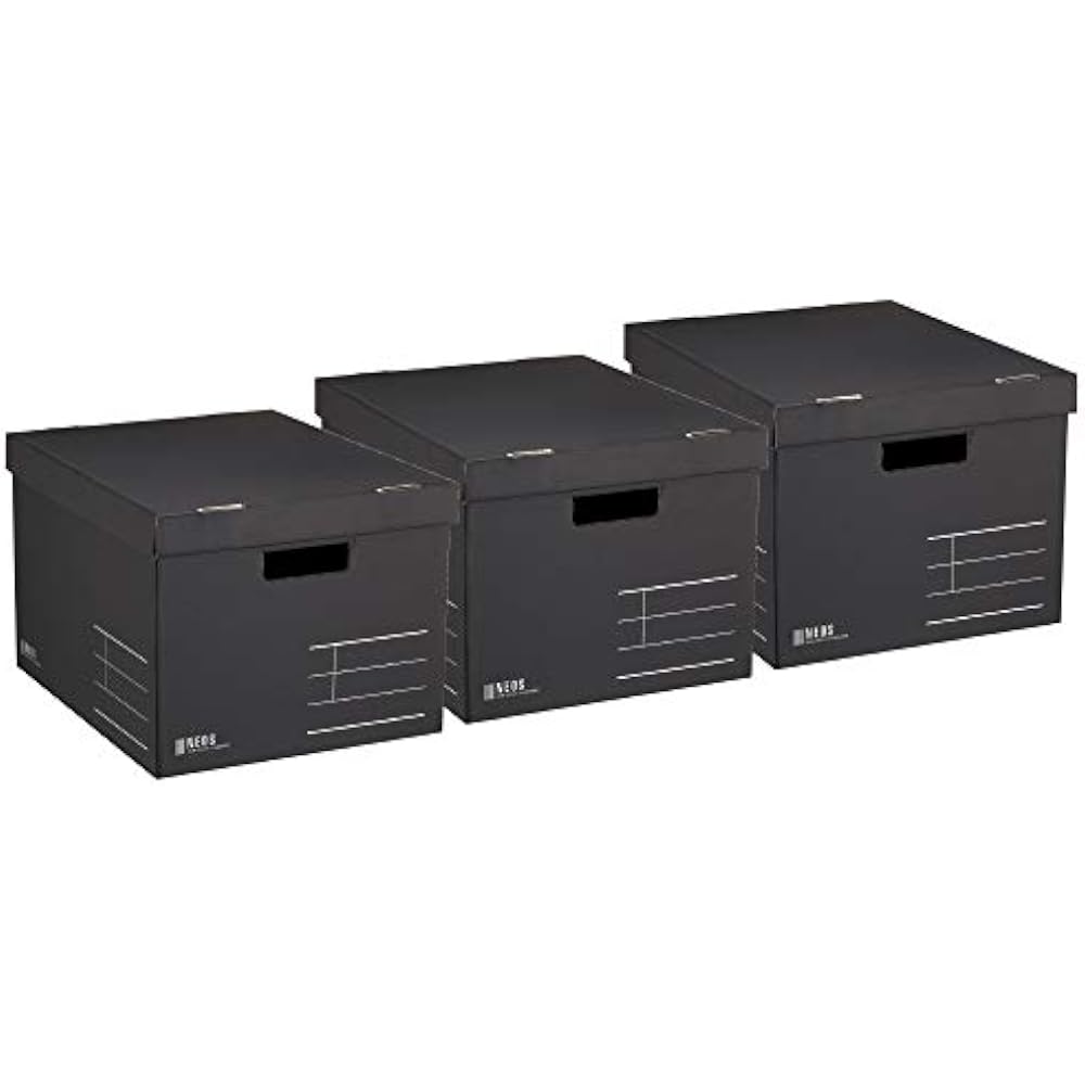 Kokuyo A4-NELB-DX3AM Neos Large Storage Box with Lid, Black, Set of 3