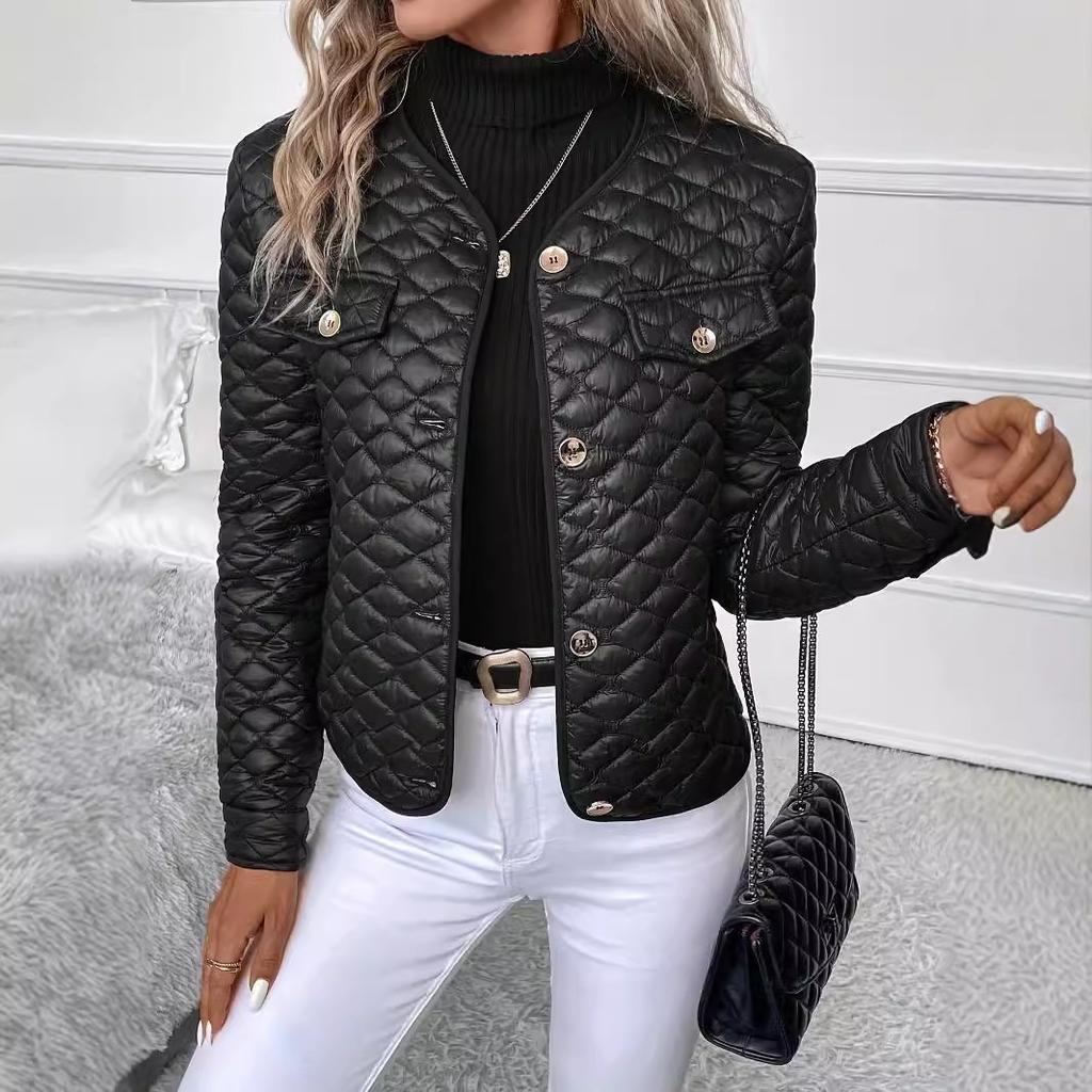 Autumn Winter Women's Black Diamond Quilted Jacket, Cropped Cotton Coat with Thermal Insulation, Short Padded Blazer for Elegant Style