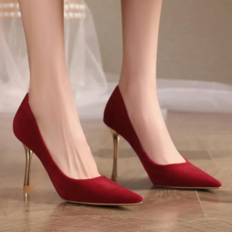 Fashion 2025  Women's Basic Pumps Gold Heel High  Dress Shoes Red Flock Boat  Pointed Toe Slip On