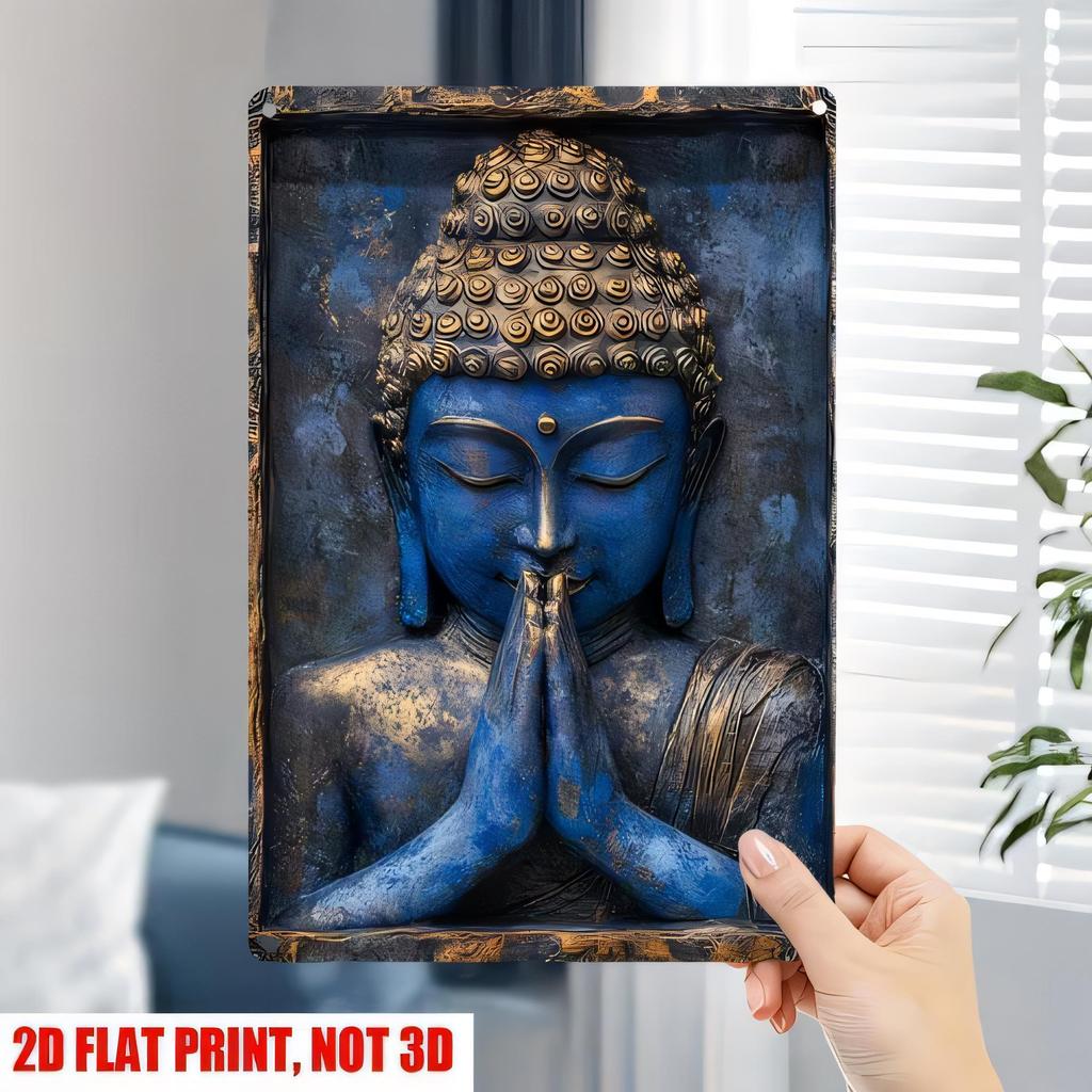 Tin Sign Buddha Meditation Head Blue Gold D Style D Print Vintage Metal Poster Wall Art Religious Home Decor Gift for Yoga Stu
