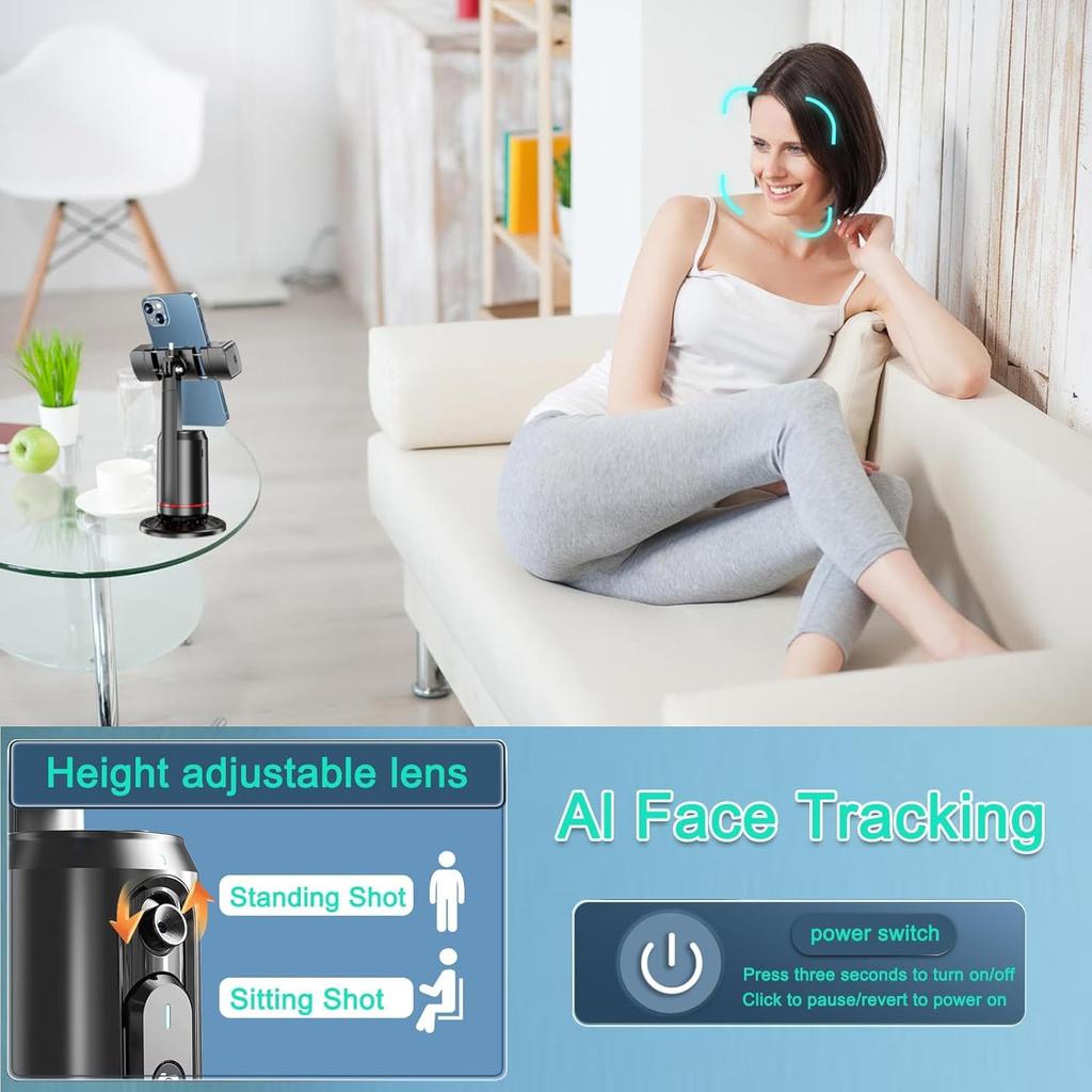 Auto Face Tracking Tripod 360° Rotating Auto Tracking Phone Stand, No App, Gesture Control Smart Shooting Camera Mount with Selfie Light and Remote