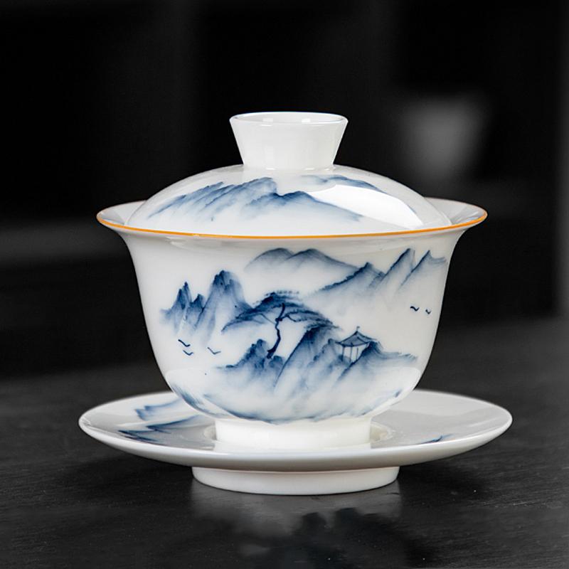 

Sheep Fat Jade Porcelain White Gaiwan Ceramic Hand-painted Green Hill Kungfu Tea Set Chinese Style 200ml