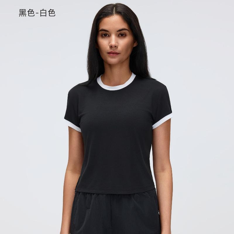 Контрастный цвет переднее плечо короткий спортивный короткий рукав футболка женская летняя однотонный круглый вырез спортивный топ для йоги 4