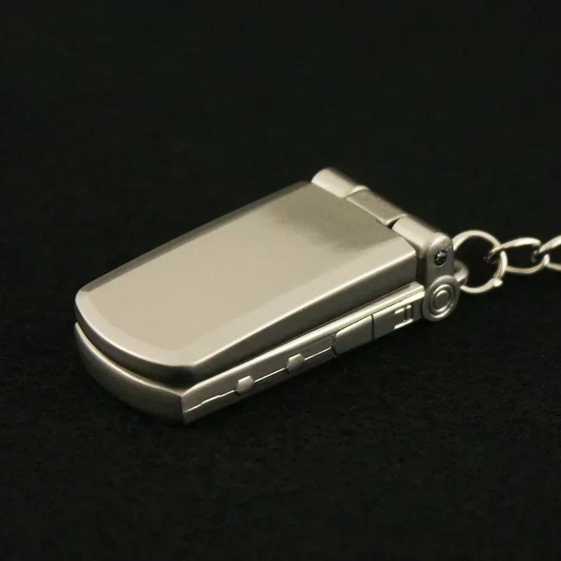 Creative Pendant Mini Mobile Phone with Flip Cover and Rotating All Metal Toy Decoration Gift Keychain