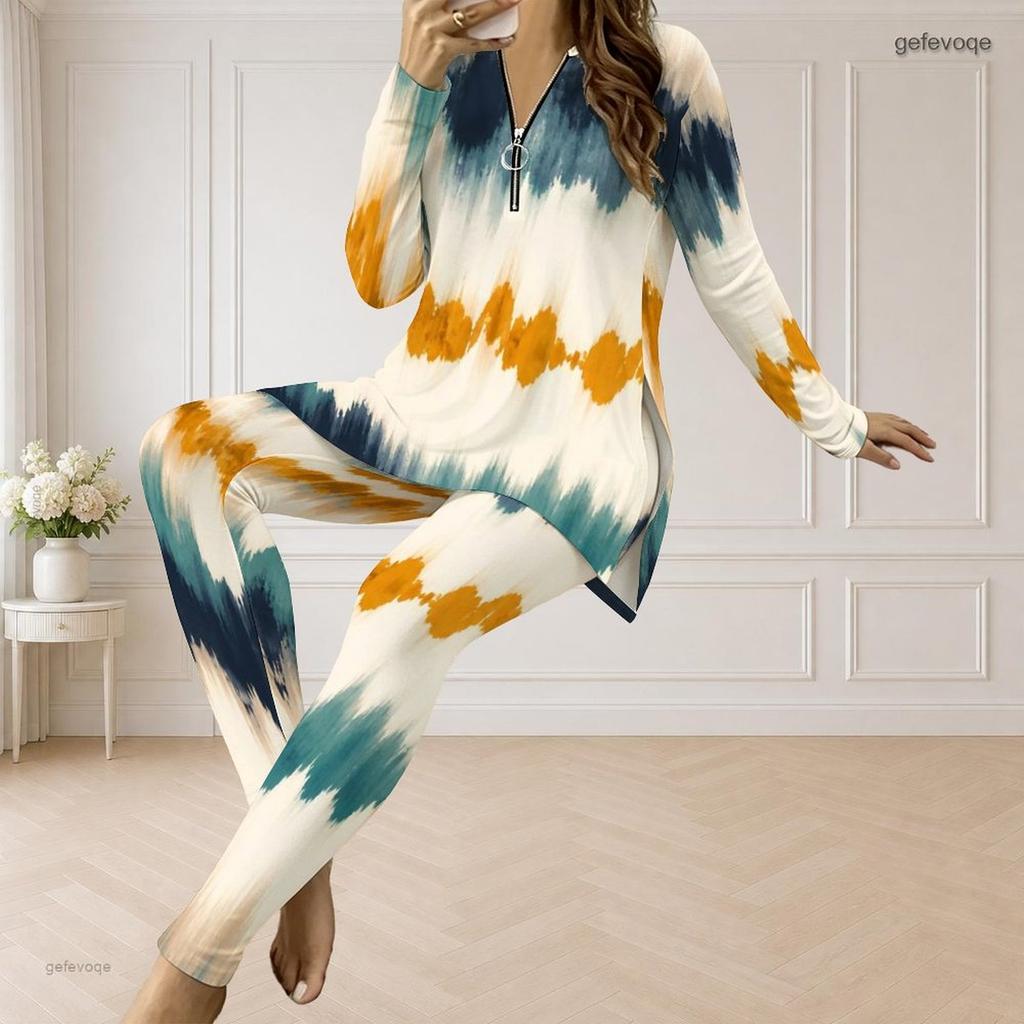 Women Plus Size Printed Half Zip Long Sleeve Long Top And Fitted Pants Two Piece Set
