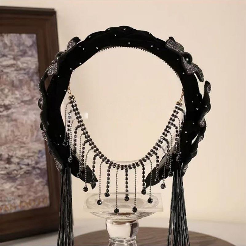 Diadema de Flor Trenzada Estilo Coreano Exquisita Banda Ancha para el Cabello con Pedrería Brillante con Borla Tiara para Fiesta Celebración Decoración Festiva