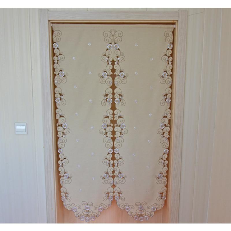 Rideau Court Kaki Clair Tissu Brodé Rideau de Porte Marguerite Rideau Élégant pour Chambre Salon Salle de Bain Cuisine, Sans Tringle, 1 pièce
