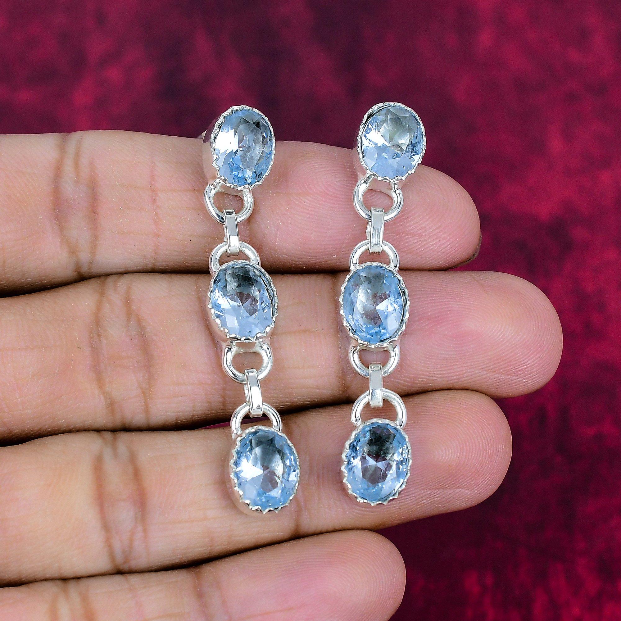 

Серьги с голубым топазом, ювелирные изделия из цельного серебра 925 пробы с драгоценными камнями, серьги ручной работы, на День благодарения 2.17 Inches синий