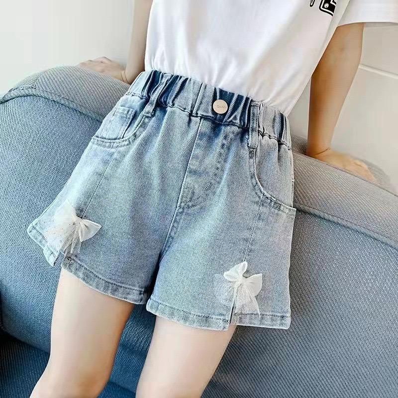 Summer Girls Denim Shorts Children's Pleated Jeans 4-12Years Teens Girls Short Jeans Pearl Decoration
